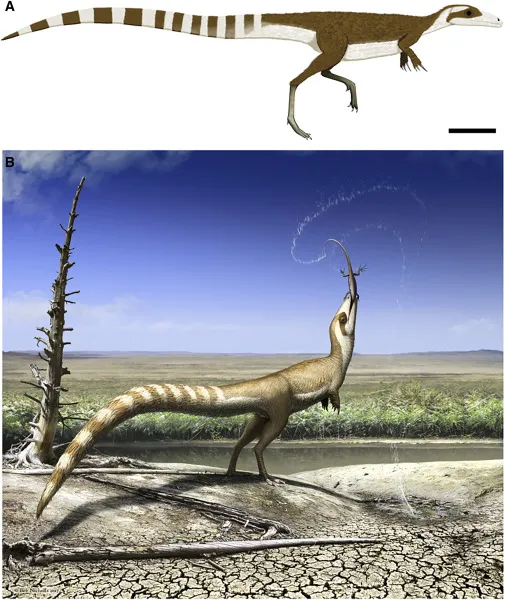 Synosauropteryx em representação artística, caçando um Dalinghosaurus (Imagem: Robert Nicholls et al./Current Biology/CC-BY-4.0)