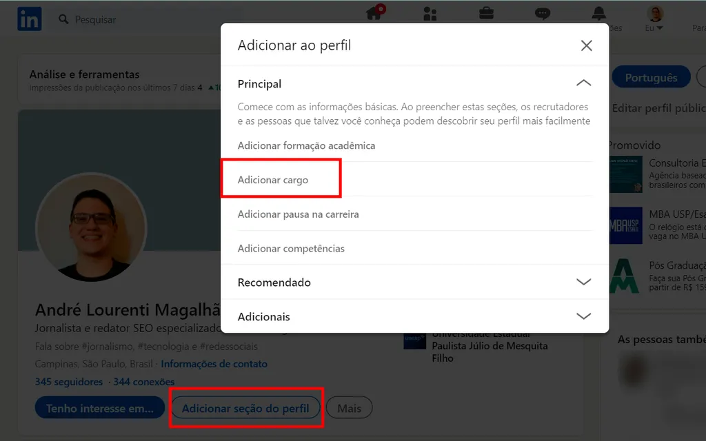 Abra o perfil para adicionar um cargo (Imagem: Captura de tela/André Magalhães/Canaltech)