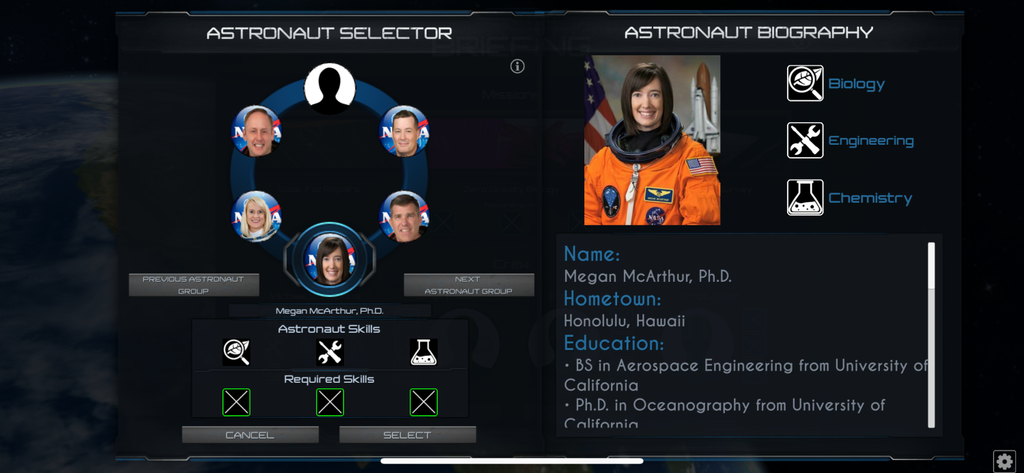 No Rocket Science: Ride 2 Station você poderá selecionar os astronautas para formar a equipe da sua missão