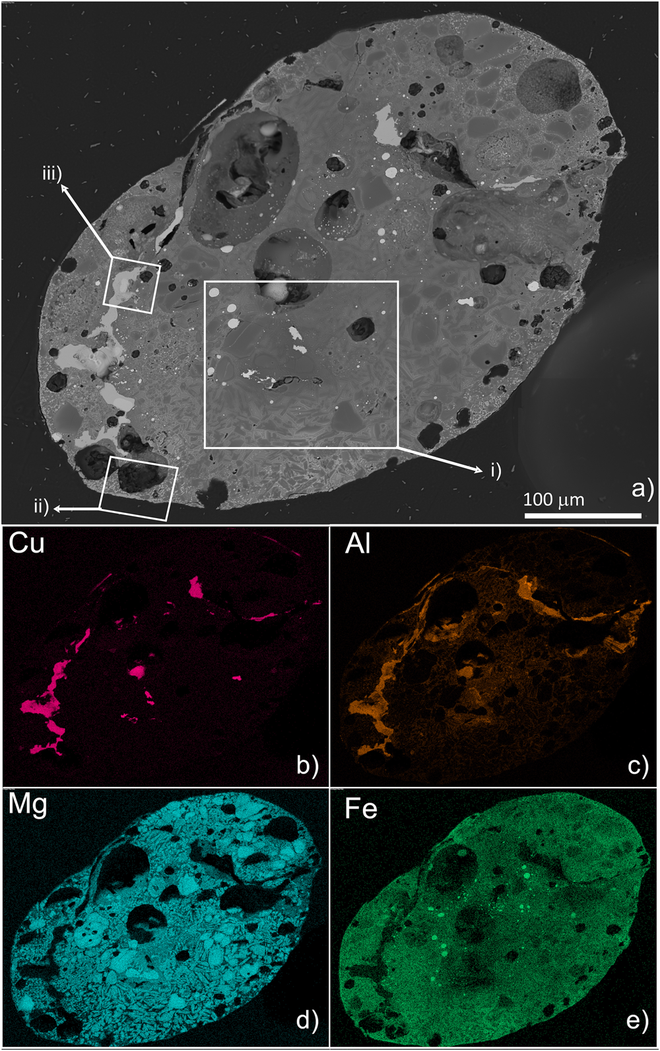 Superfície polida do micrometeorito, com imagens de raios X do cobre ferro, e mapeamento de rádio do alumínio e magnésio (Imagem: Reprodução/Agrosì et al./Communications Earth & Environment)