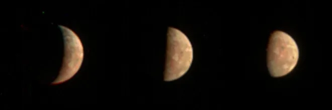 Três imagens da lua Io registradas pela sonda Juno, durante o sobrevoo (Imagem: Reprodução/NASA/JPL-CALTECH/SWRI/MSSS/Jason Perry)