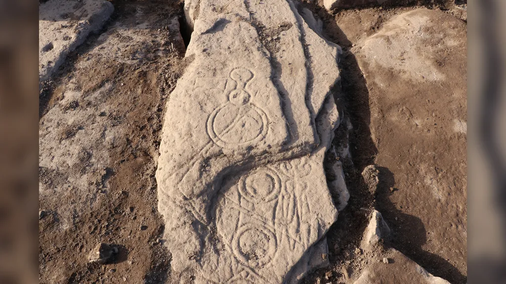 A pedra com gravações pictas: no topo, a representação do espelho com pente (Imagem: University of Aberdeen/Reprodução)