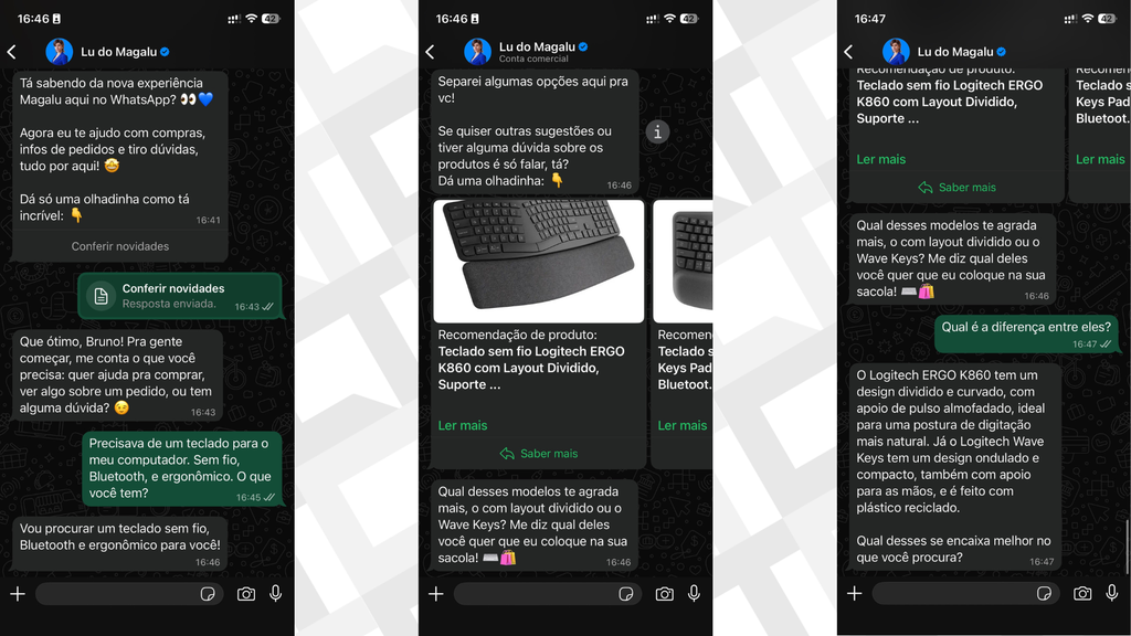 WhatsApp da Lu oferece sugestões de produtos ao enviar mensagens de texto e voz ou fotos (Imagem: Captura de tela/Bruno De Blasi/Canaltech)