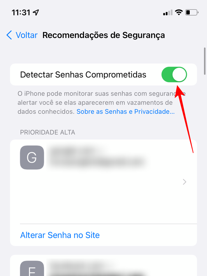 Ative a chave de seleção para detectar senhas comprometidas salvas no iPhone - Captura de tela: Thiago Furquim (Canaltech)