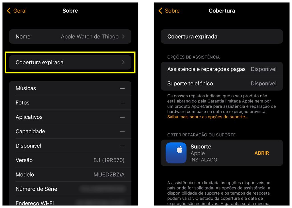 Consulte a validade da garantia do seu Apple Watch pelo seu iPhone (Captura de tela: Thiago Furquim)