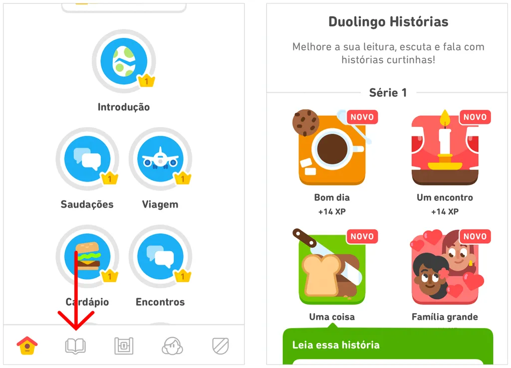 Acesse e abra uma das histórias do Duolingo (Captura de tela: André Magalhães)