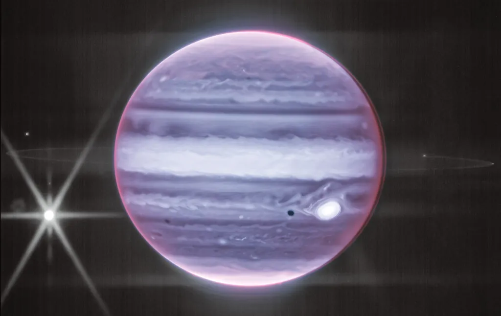 Júpiter e seus anéis em foto do telescópio James Webb (Imagem: Reprodução/NASA, ESA, CSA, STScI/Judy Schmidt)