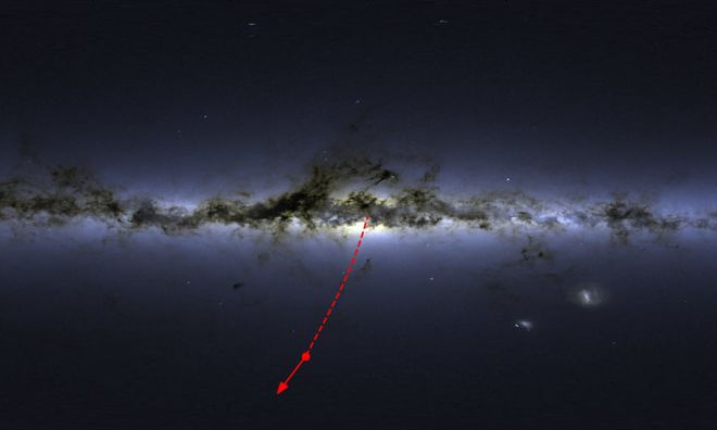 Ilustração da Sociedade Astronômica Real que mostra a localização da estrela S5-HVS1 e sua direção (Imagem: Sergey Koposov/PA)