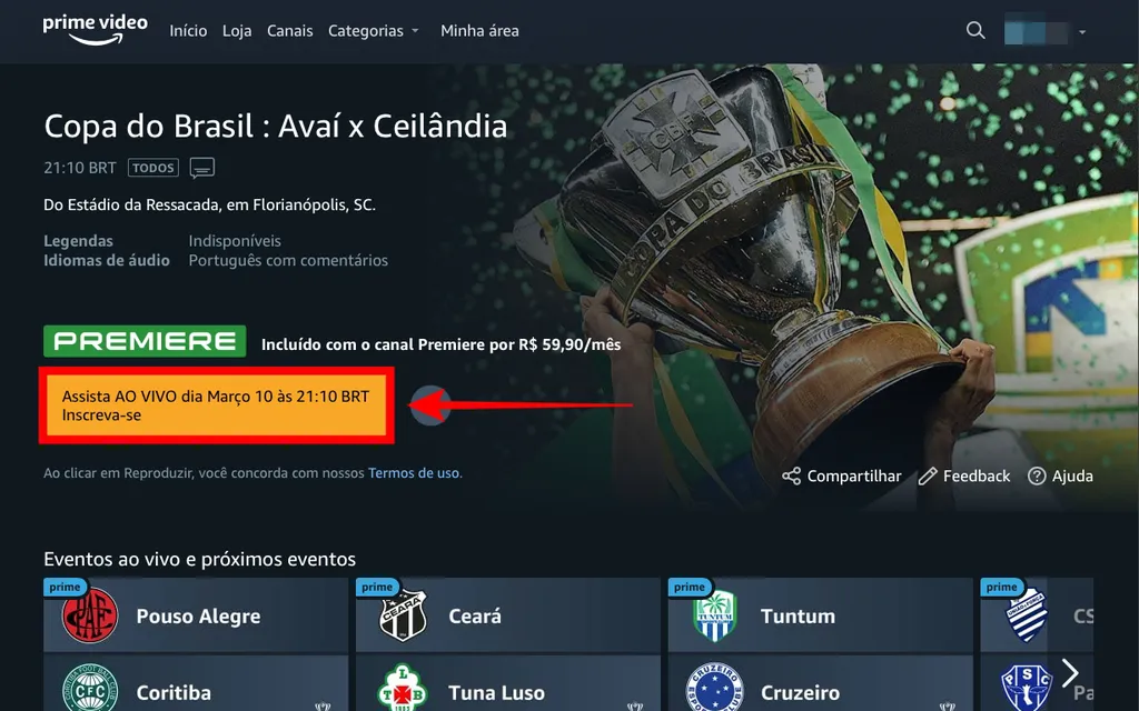 Jogos transmitidos pelo canal Premiere podem ser vistos com assinatura adicional no Prime Video (Captura de tela: Caio Carvalho)