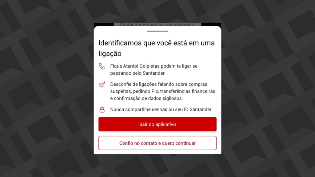 Notificação no app do Santander Empresas visa evitar fraudes por ligações telefônicas (Imagem: Divulgação/Santander)
