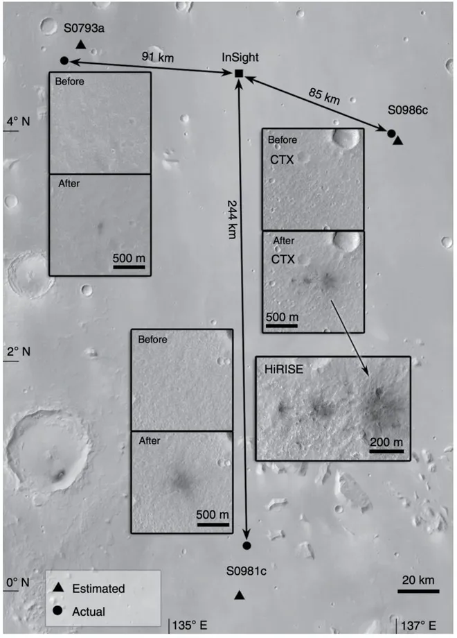 Impactos observados da órbita de Marte pela MRO (Imagem: Reprodução/NASA/JPL/MSSS/U Arizona)