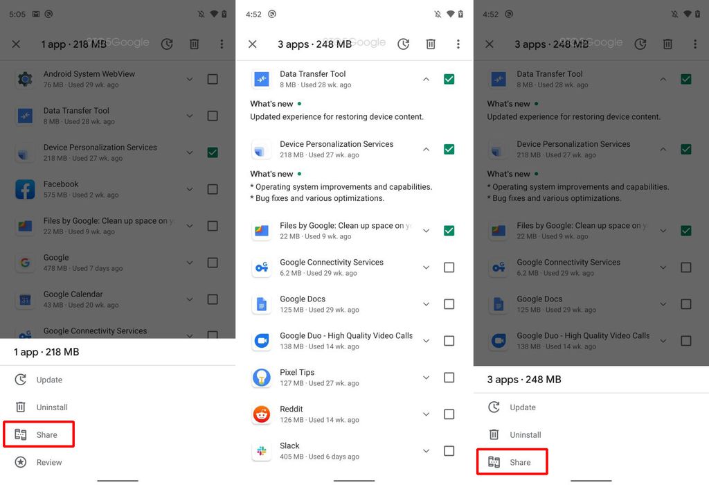 Nova opção "Share" (compartilhar) permite copiar o app para o celular de outra pessoa por perto (imagem: 9to5Google)