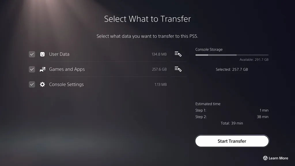 Interface de transferência de dados de um PS5 para outro (Imagem: Divulgação/PlayStation)