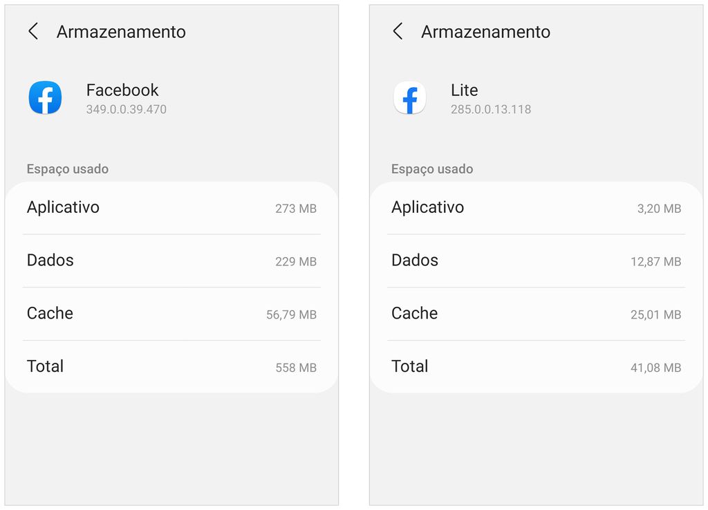Comparativo de espaço ocupado por versões do Facebook e Facebook Lite no Android (Captura de tela: André Magalhães)