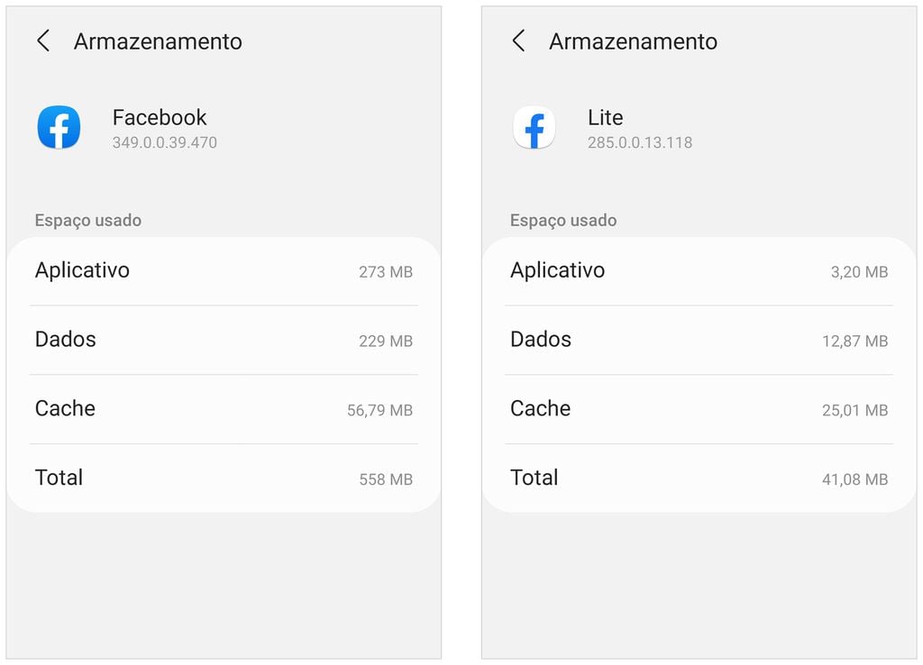 Comparativo de espaço ocupado por versões do Facebook e Facebook Lite no Android (Captura de tela: André Magalhães)