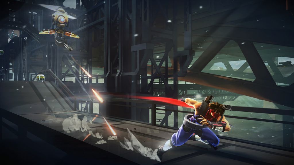 Captura de tela mostrando Strider Hiryu com sua espada em um cenário futurista e escuro, desviando de ataques inimigos