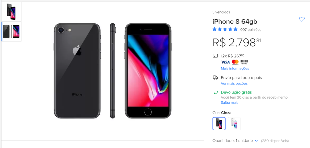 iPhone 8 de 64 GB sendo vendido a R$ 2.798,81 na página da Apple no Mercado Livre (Imagem: Mercado Livre)
