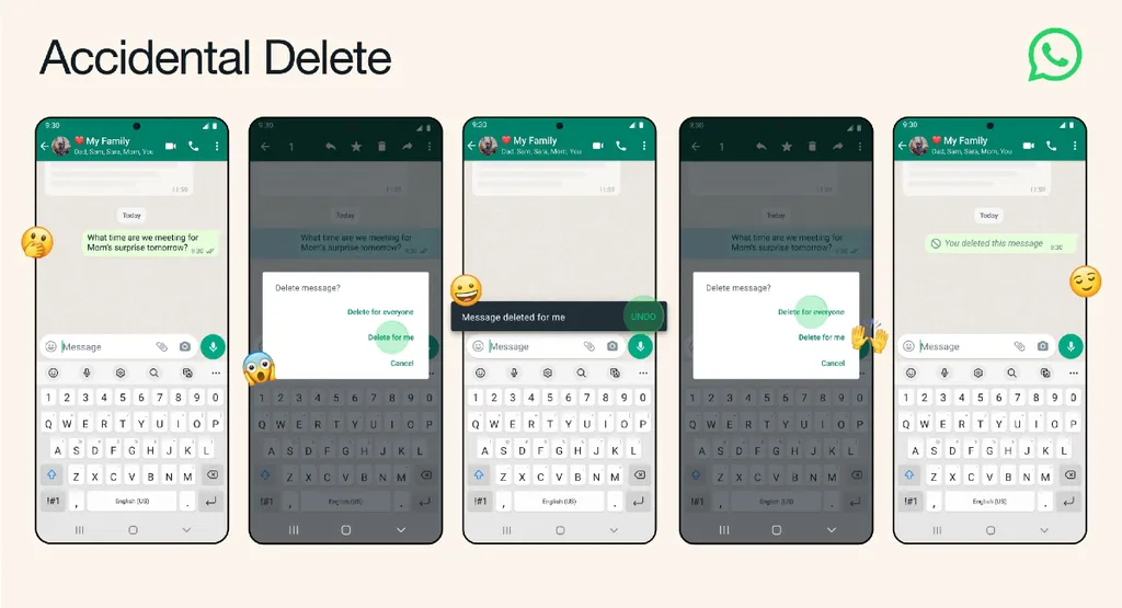 O botão "Desfazer" aparece por alguns segundos após a exclusão de uma mensagem, permitindo que o usuário reverta a ação (Imagem: Reprodução/WhatsApp)