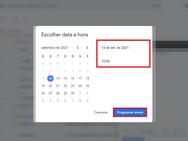 Escolha uma data, uma hora e clique em "Programar envio" (Captura de tela: Matheus Bigogno)