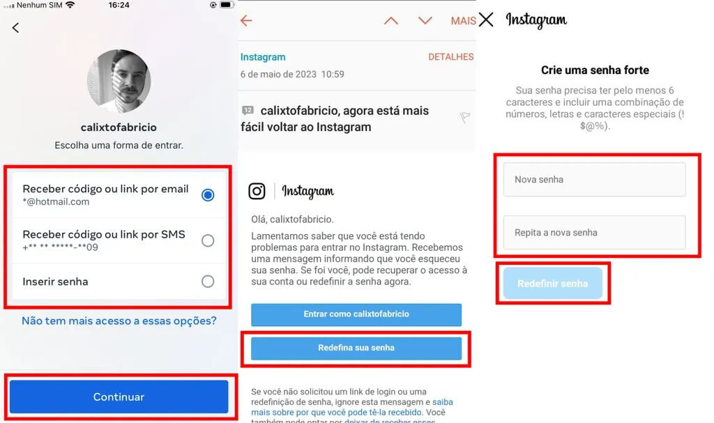 Existem diversas maneiras de recuperar a senha pelo aplicativo do Instagram (Imagem: Captura de tela/Fabrício Calixto/Canaltech)