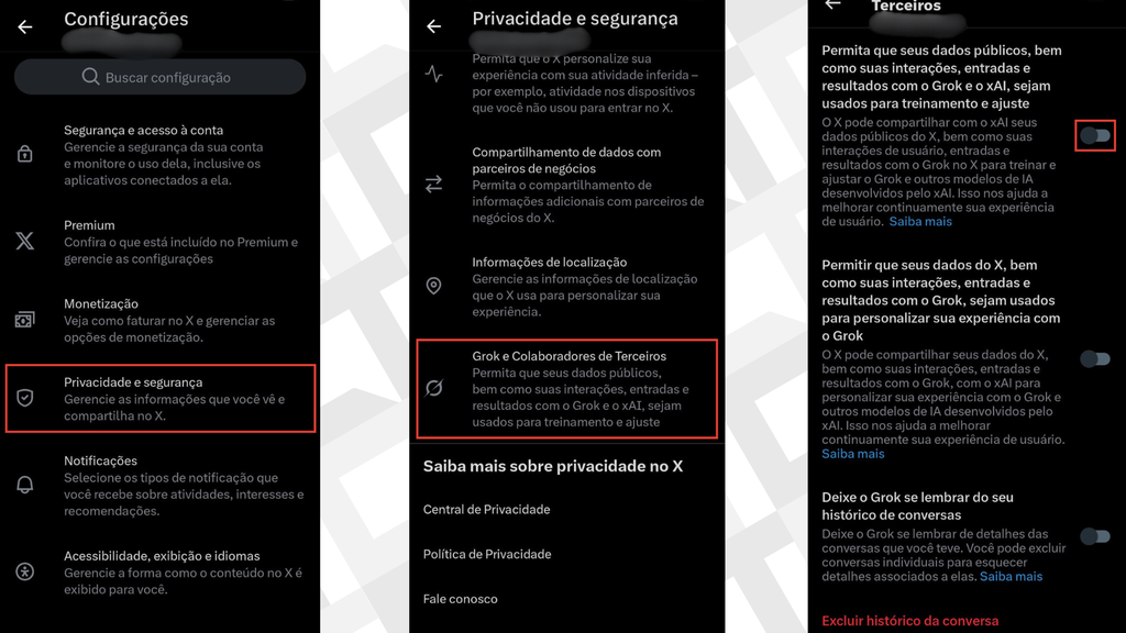 Passos para desativar coleta de dados para treinamento do Grok no X