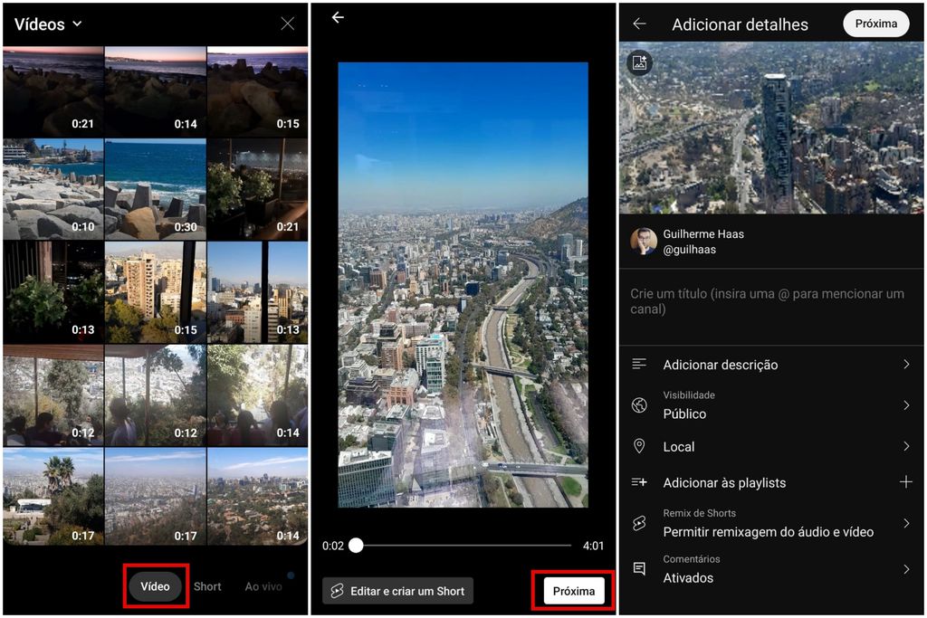 Você pode postar vídeos no YouTube pelo celular (Imagem: Captura de tela/Guilherme Haas/Canaltech)