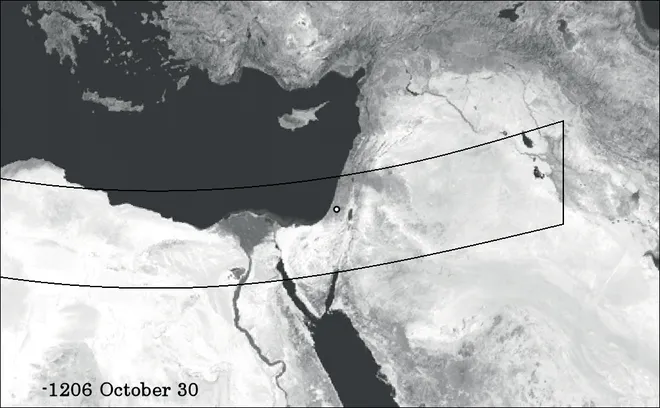 Este teria sido o caminho do eclipse solar anular de 30 de outubro de 1207 a.C. O pequeno círculo aponta para a cidade de Azeca, localizada na região no centro-sul de Israel (Imagem: Reprodução/Colin Humphreys et al.)