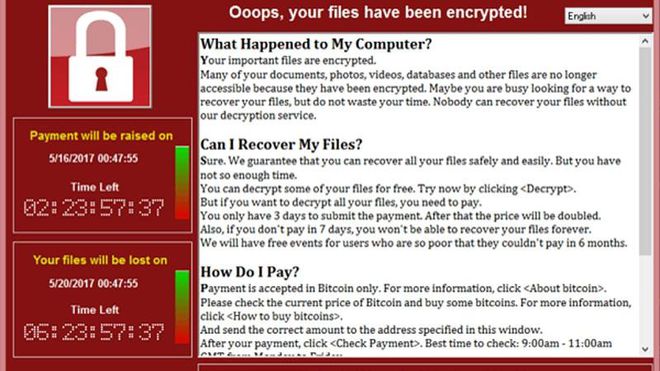 Tela do WannaCry, um dos mais "famosos" ransomwares já usados por cibercriminosos (Imagem: Wikipedia / securelist.com)