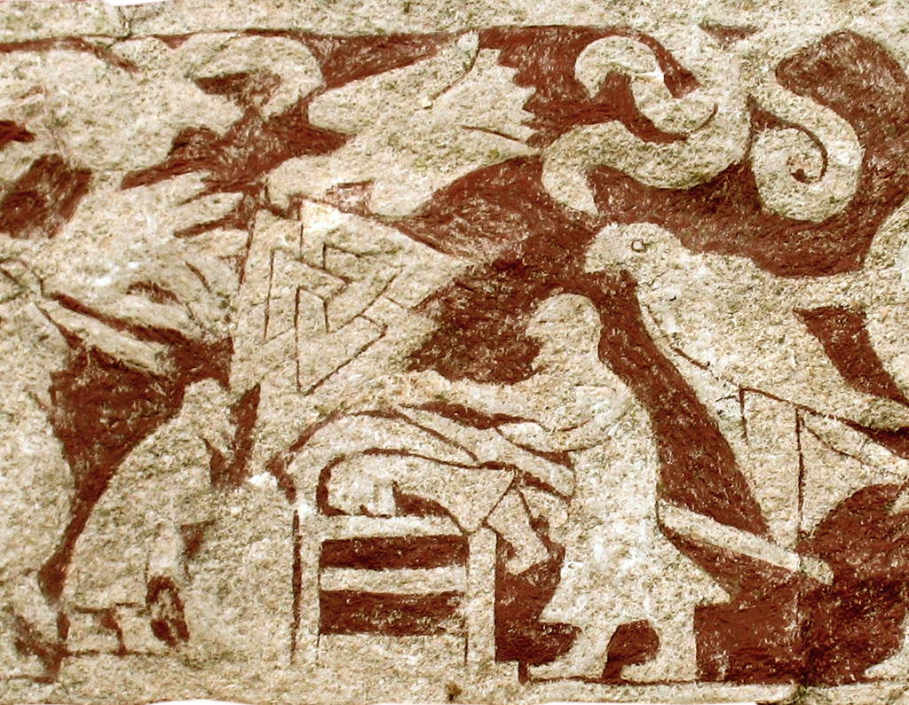 A águia de sangue, como mostrado em uma cena de sacrifício da pedra Stora Hammar — apesar de presente nas sagas, a brutal execução não tem evidências arqueológicas de sua prática (Imagem: Stora Hammar/CC-BY-S.A-4.0)
