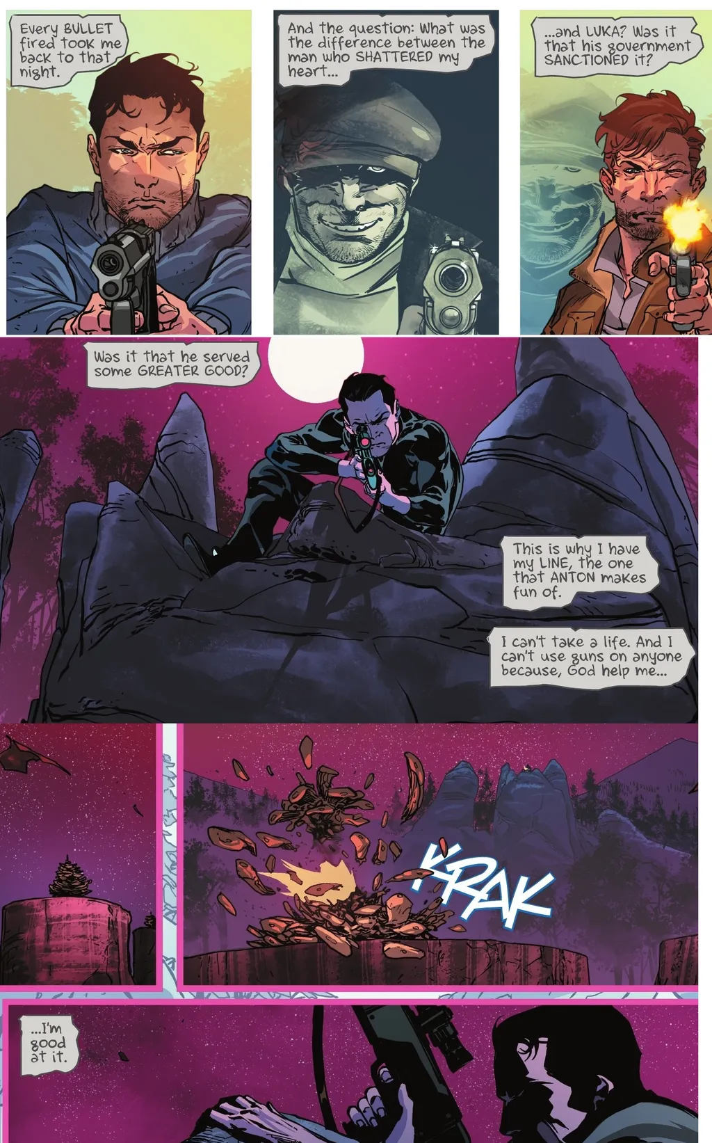 Em Batman: The Knight nº 6, Bruce Wayne pensa por que não pode se apossar de armas de fogo (Imagem: Reprodução/DC)
