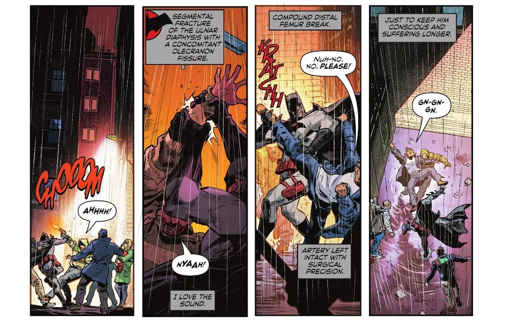 Cena de Flashpoint Beyond nº 2 onde Batman/Thomas Wayne imagina a extensão dos danos causados nos corpos dos bandidos (Imagem: Reprodução/DC)