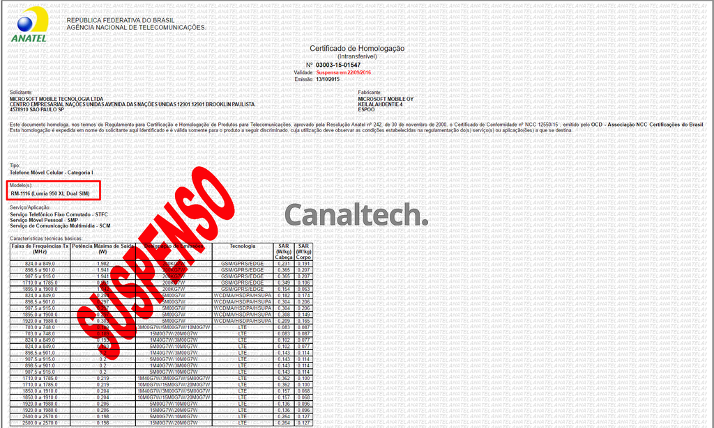 Certificado de homologação do Lumia 950 XL aparece como suspenso no site da Anatel