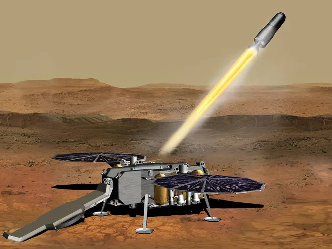 Representaçao do Mars Ascent Vehicle, o pequeno foguete que traria as amostras para a Terra (Imagem: Reprodução/NASA/JPL-Caltech)