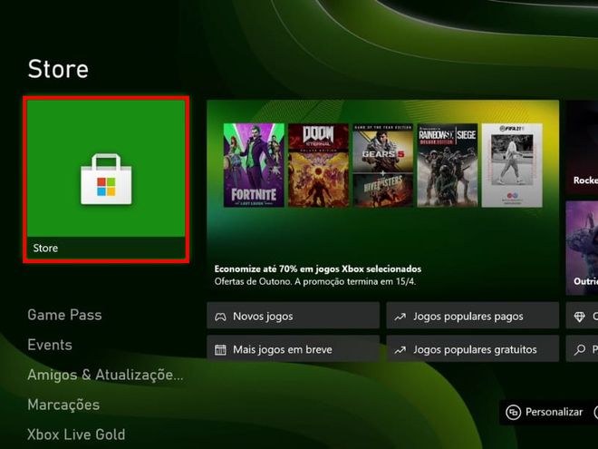 Na aba inicial do seu Xbox, acesse a "Store" (Captura de tela: Matheus Bigogno)