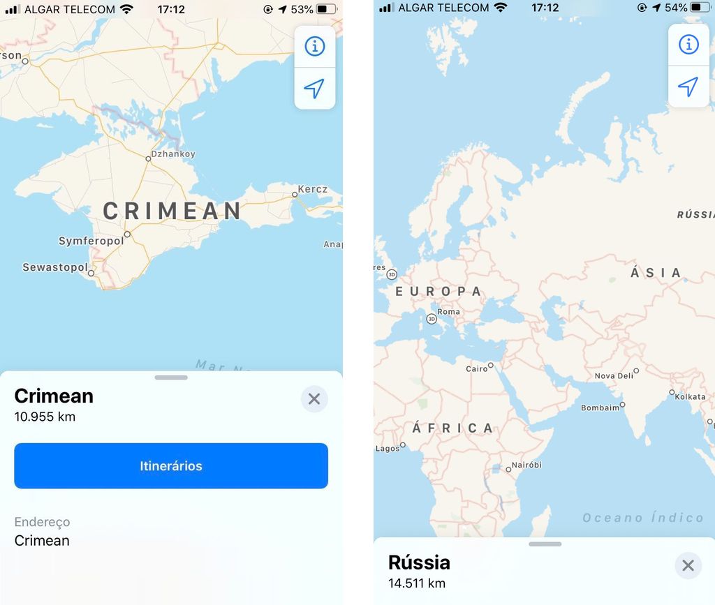Apple Maps, fora da Rússia, identifica a região como de nenhum país (Captura: Luciana Zaramela/Canaltech)