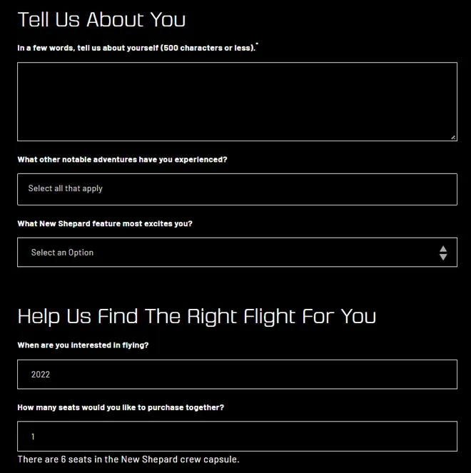 Formulário para reservar um assento no sistema New Shepard, da Blue Origin (Imagem: Captura de tela/Blue Origin)