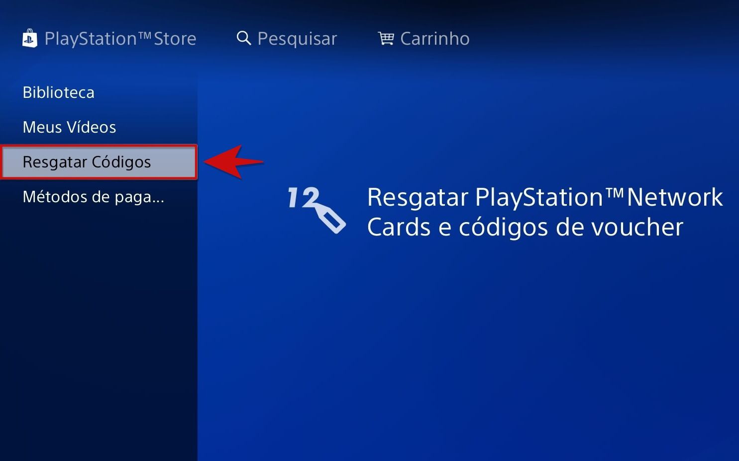 Para resgatar o Gift Card na PlayStation Store use o comando indicado na captura (Captura de tela: André Magalhães)