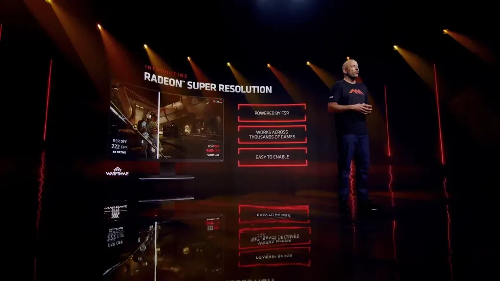 Anunciado em janeiro, na CES 2022, o AMD Radeon Super Resolution pode estrear na quinta (17) em um update de driver (Imagem: Reprodução/AMD)