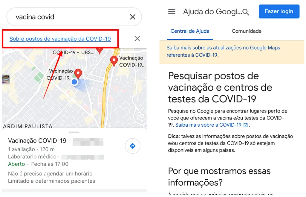 Google Maps tem página dedicada a tirar dúvidas sobre vacinação contra a COVID-19 (Captura de tela: Caio Carvalho)