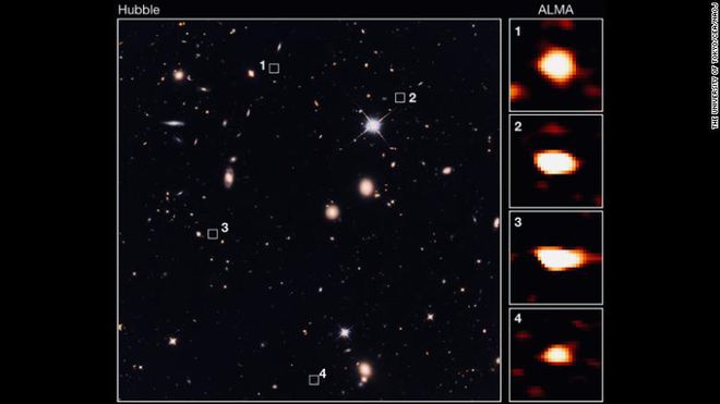 As galáxias fracas identificadas pelo ALMA, a 10 bilhões de anos-luz de distância.