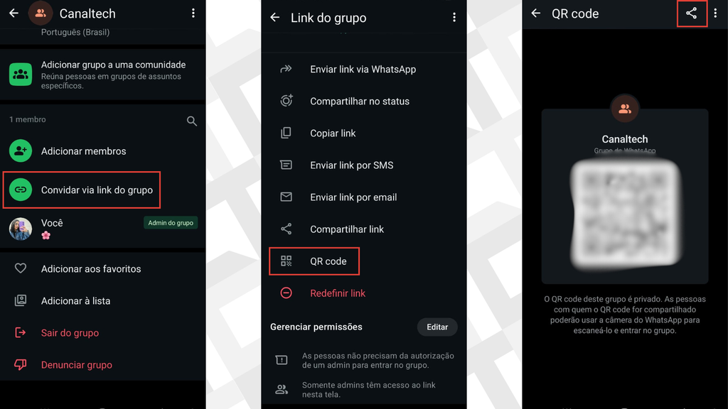 Passos para compartilhar link ou QR Code de convite no WhatsApp