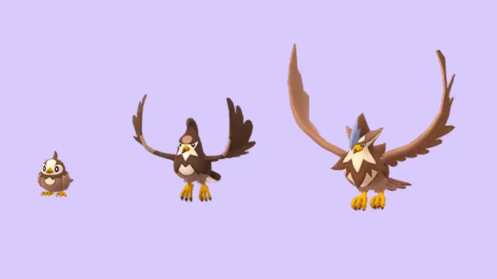 Versões brilhantes, da direita para esquerda, de Starly, Staravia e Staraptor em Pokémon GO. (Imagem: Reprodução/Niantic)