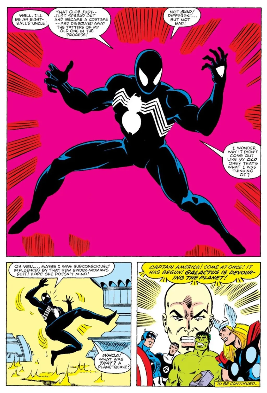 Nas Guerras Secretas originais, Homem-Aranha ganhou um uniforme alienígena que tinha sua própria teia. Mais tarde o simbionte viraria o Venom (Imagem: Reprodução/Marvel Comics)
