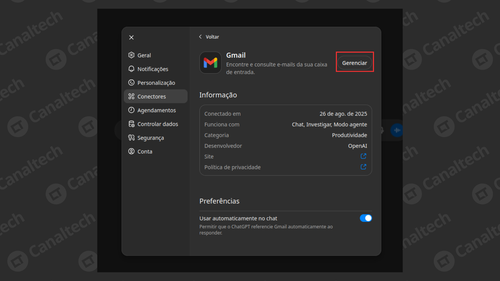 Como desconectar o ChatGPT do e-mail e demais apps (Imagem: Captura de tela/Bruno De Blasi/Canaltech)