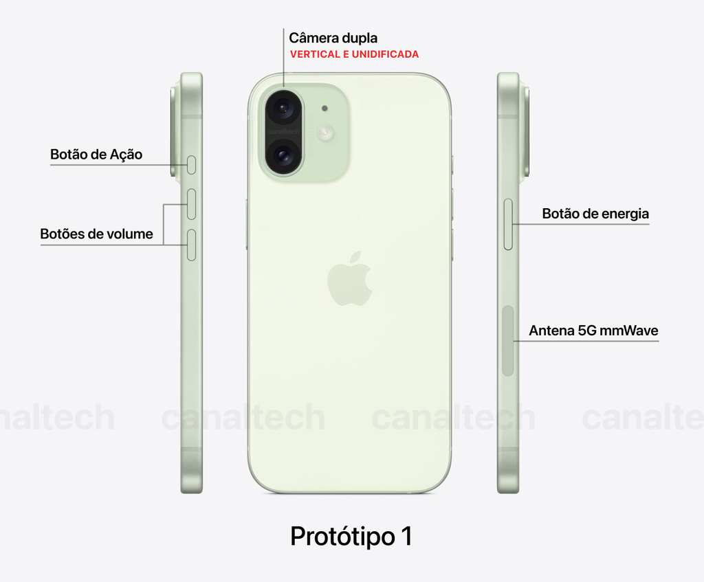 Um dos protótipos em desenvolvimento do iPhone 16 se destaca pela câmera vertical unificada que remete ao iPhone X (Imagem: Victor Carvalho/Canaltech)