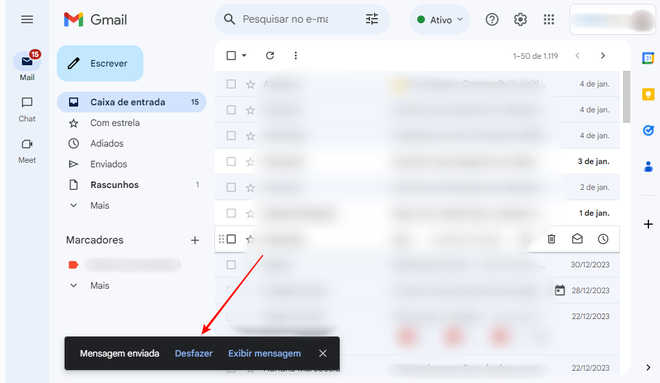 É possível cancelar o envio de um e-mail no Gmail web (Imagem: Captura de tela/Fabrício Calixto/Canaltech)