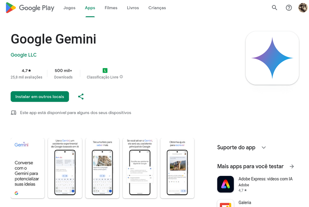 App do Gemini para Android (Imagem: Reprodução/Play Store)