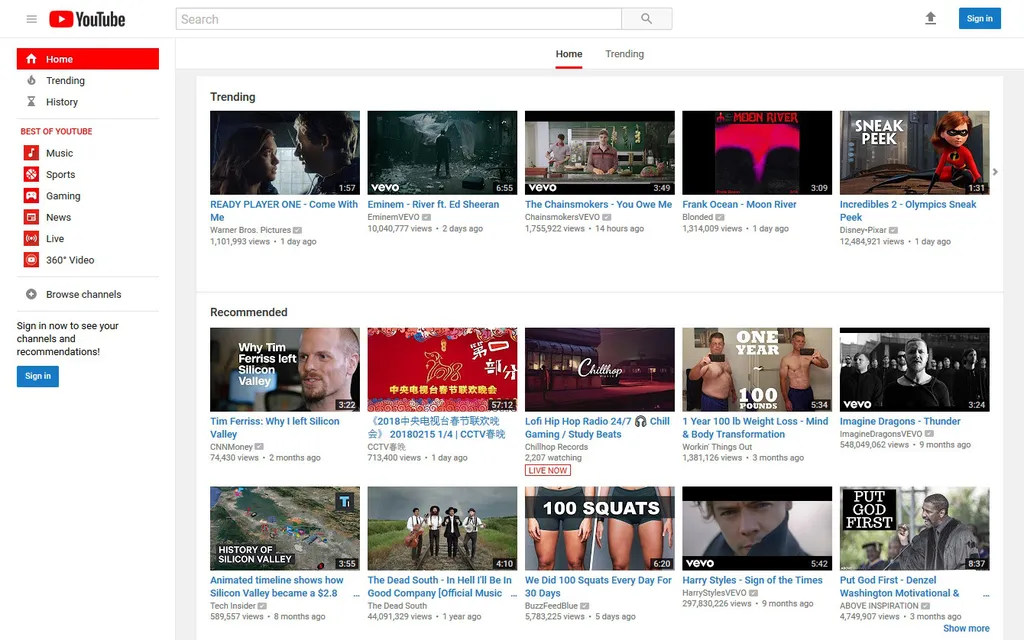 O YouTube manteve sua estética com design refinado (Imagem: Reprodução/Web Design Museum)