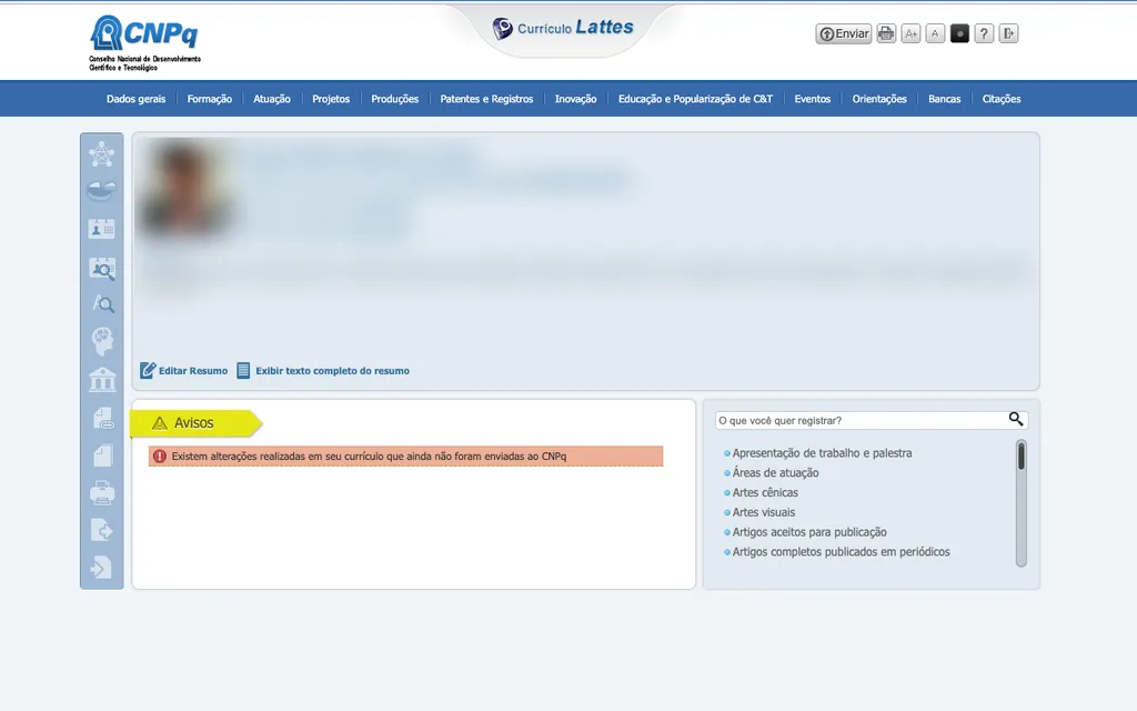 Atualize as informações do seu currículo Lattes (Imagem: Captura de tela/Thiago Furquim/Canaltech)
