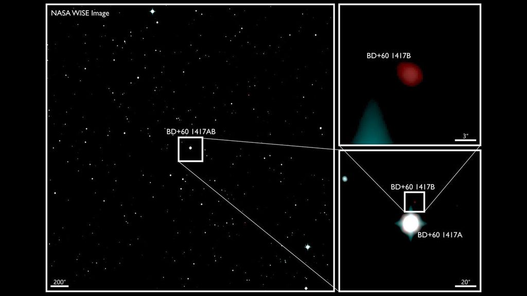 À esquerda, o sistema BD+60 1417AB. No canto inferior direito, a estrela e hospedeiro; logo acima, o mundo em zoom (Imagem: Reprodução/NASA/Backyard Worlds/Léopold Gramaize)